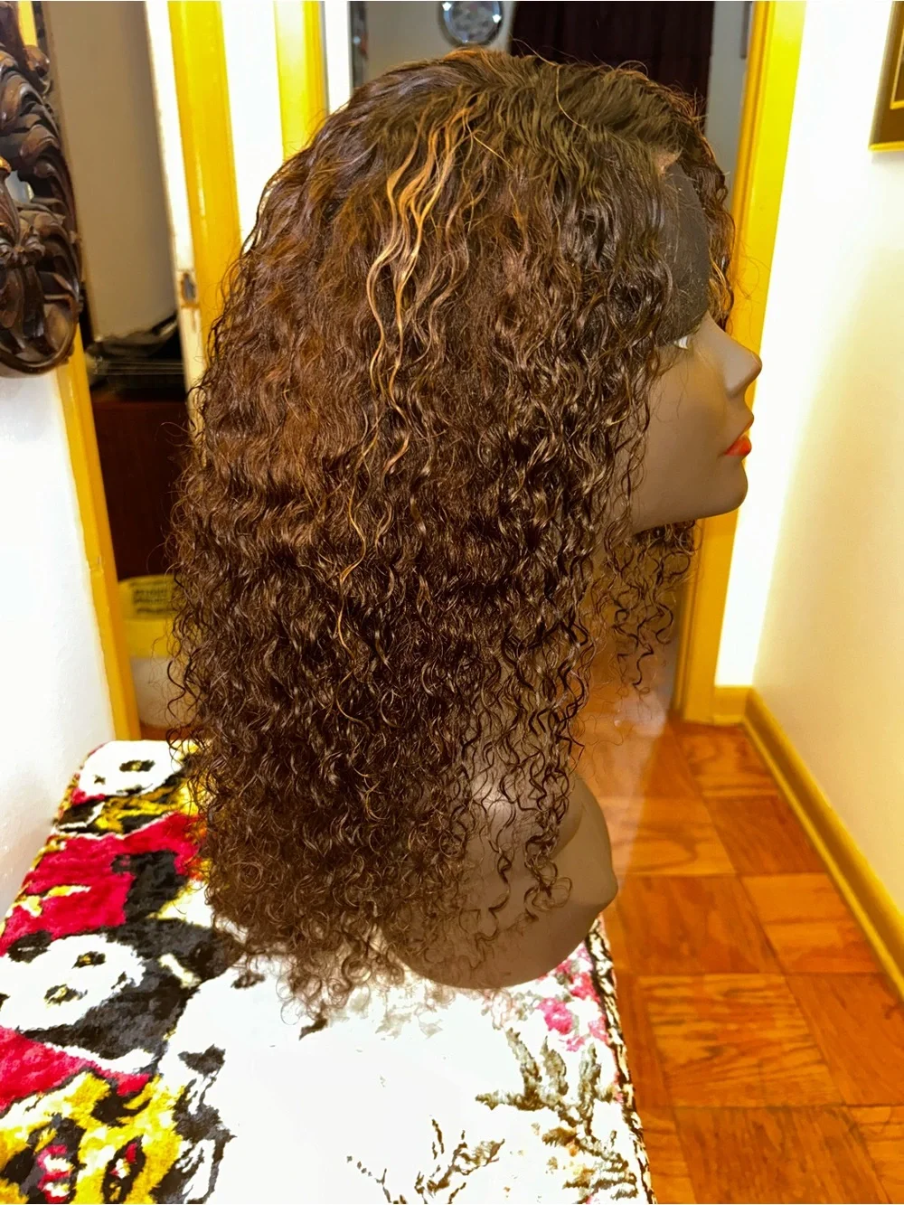 Natural Curly Brown Wig with Honey Blonde Highlights - Unbranded